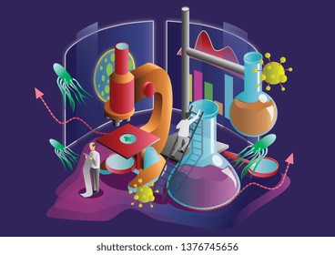 Vector web site flat illustration. Science experiment in a lab. Scientists, microscope, flask. Landing page concepts for website and mobile development. Modern flat illustration