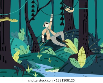 Vector web site flat illustration. Adventure of people go to wild forest, tree, vector flat illustration