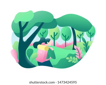 Vector web site flat illustration. Adventure of people go to wild forest, tree, vector flat illustration