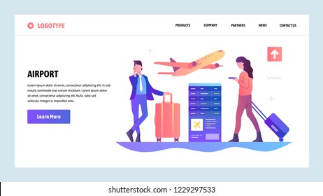 Vector web site gradient design template. Airport terminal and passengers waiting for flight. Landing page concepts for website and mobile development. Modern flat illustration.
