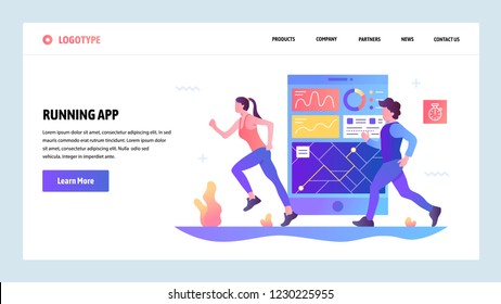 Vector web site gradient design template. Fitness tracker and running mobile phone app. Landing page concepts for website and mobile development. Modern flat illustration.
