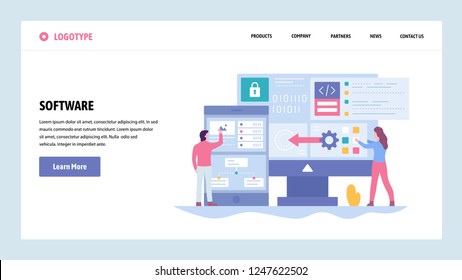 Vector web site gradient design template. Software development and application coding. Software engineer write computer code. Landing page concepts for website and mobile development. Illustration