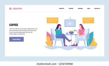 Vector web site gradient design template. Two girls drink coffee in cafe, lunch break. Landing page concepts for website and mobile development. Modern flat illustration