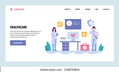 Vector web site gradient design template. Doctor and nurse in hospital, medical check up. Landing page concepts for website and mobile development. Modern flat illustration
