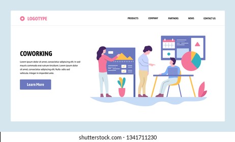 Vector Web Site Gradient Design Template. Coworking Space. Business Team Make Presentation. Landing Page Concepts For Website And Mobile Development. Modern Flat Illustration