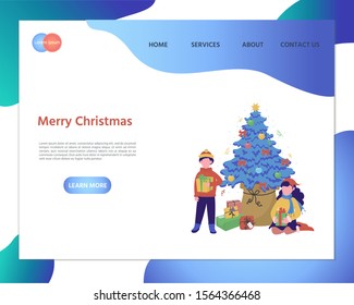 Vector web site gradient design template. Merry Christmas Website Layout with flat people characters and fir tree with gifts. 