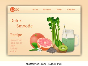 Vector web site gradient design template. Detox Smoothie. Grapefruit, kiwi, chia seeds, celery, mint. Landing page concepts for website and mobile development. Modern flat illustration
