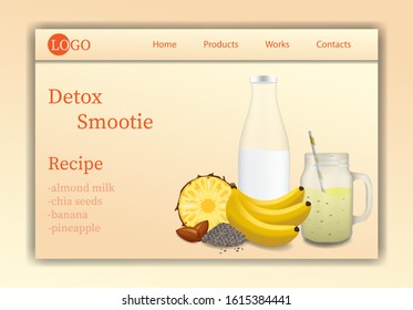 Vector web site gradient design template. Detox Smoothie. Banan, almond milk, pineapple, chia seeds. Landing page concepts for website and mobile development. Modern flat illustration