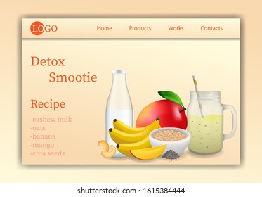 Vector web site gradient design template. Detox Smoothie. Mango, banana, chia seeds, oats, cashew milk. Landing page concepts for website and mobile development. Modern flat illustration