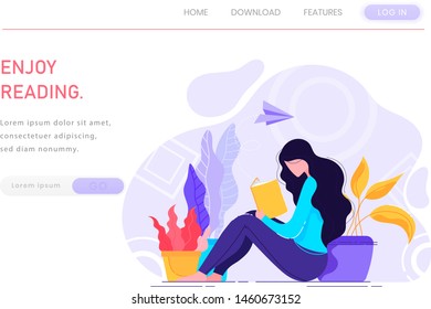 Vector web site. Landing Page Girl Reading of books. Design linear art flat illustration. Hobby. Landing Page social media. Landing Page free time. Enjoy reading.