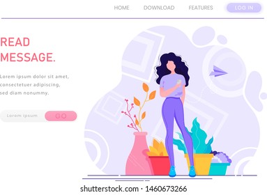 Vector web site. Landing Page girl reading a message. Design linear art flat illustration. Hobby. Landing Page social media. Landing Page free time. Virtual relationships, online dating and social
