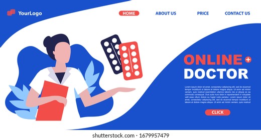 Vektorillustration Website oder Landing Page Template für Online-Ärzte, medizinische Hilfe, medizinische Beratung. Arzt mit Tabletten und Medikamenten. Flaches Design. 