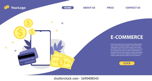 Vector web site or landing page template for e-commerce. Smartphone with pplastic card with money cash and dollar coins. Flat design. 
