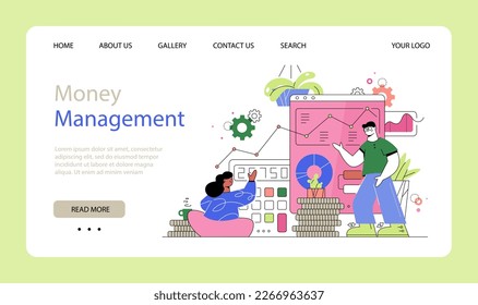 Vector web site line art design. Financial graphs and charts. Landing page money management. Modern flat illustration.