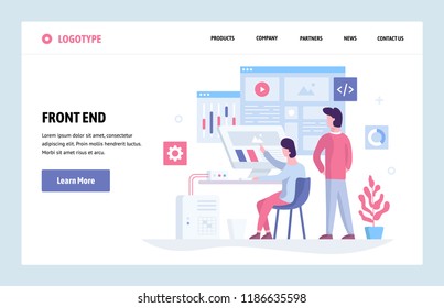 Vector web site linear art design template. Front end development team using futuristic dashboard and analyze data. Landing page concept for website and mobile development. Modern flat illustration