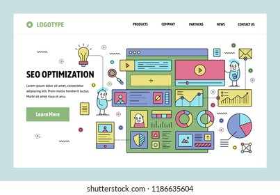 Vector web site linear art design template. SEO search engines optimization and content marketing. Landing page concepts for website and mobile development. Modern flat illustration.