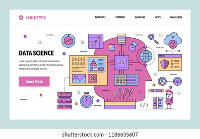 Vector web site linear art design template. Data science and machine learning. AI computer network. Landing page concepts for website and mobile development. Modern flat illustration.