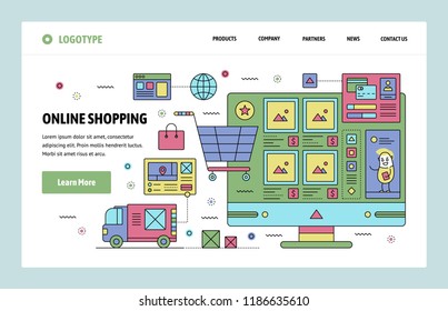 Vector web site linear art design template. Online shopping store, shopping cart, products. Landing page concepts for website and mobile development. Modern flat illustration.