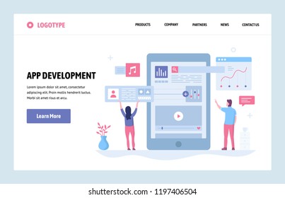 Vector web site linear art design template. Mobile phone app development. Landing page smartphone applications concepts for website and mobile development. Modern flat illustration.