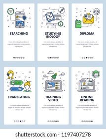 Vector web site linear art onboarding screens template. Online education and e-learning icons. Menu banners for website and mobile app development. Modern design flat illustration