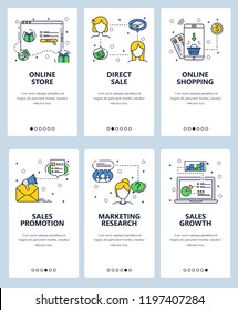 Vector web site linear art onboarding screens template. Digital marketing and online shopping. Menu banners for website and mobile app development. Modern design flat illustration
