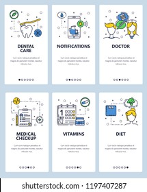 Vector web site linear art onboarding screens template. Healthcare and medical checkups, doctor, vitamins. Menu banners for website and mobile app development. Modern design flat illustration