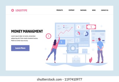 Vector web site linear art design template. Finance charts and diagrams. Landing page money management concepts for website and mobile development. Modern flat illustration.