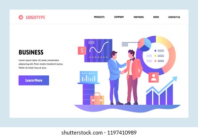 Vector web site linear art design template. Business partnership concept. Businessmen cut a deal with finance charts on background. Landing page for website and mobile development. Flat illustration