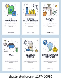 Vector web site linear art onboarding screens template. Energy sources and power plants. Nuclear, gas and coal power stations. Menu banners for website and mobile app development