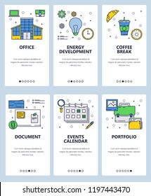 Vector web site linear art onboarding screens template. Office and business icons. Menu banners for website and mobile app development. Modern design flat illustration