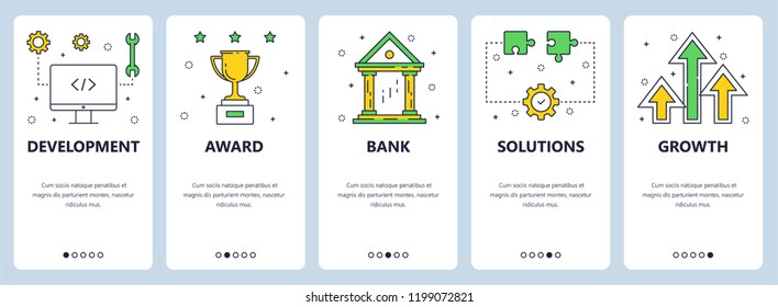 Vector web site linear art onboarding screens template. Business, finance and development icons. Menu banners for website and mobile app development. Modern design flat illustration