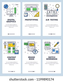 Vector web site linear art onboarding screens template. Digital graphic, design and branding. Menu banners for website and mobile app development. Modern design flat illustration