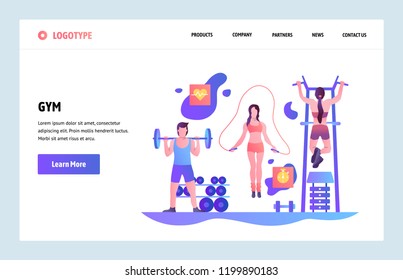 Vector Web Site Linear Art Design Template. People Work Out In Gym. Landing Page Concepts For Fitness Sport Website And Mobile Development. Modern Flat Illustration.