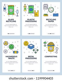 Vector web site linear art onboarding screens template. Waste recycling. Menu banners for website and mobile app development. Modern design flat illustration