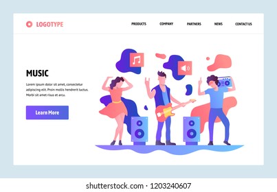 Vector web site linear art design template. Music band playing rock and dancing. Landing page concepts for website and mobile development. Modern flat illustration.