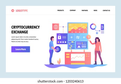 Vector web site linear art design template. Cryptocurrency exchange. Bitcoin to dollars exchange platform. Landing page concepts for website and mobile development. Modern flat illustration.