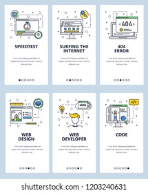 Vector web site linear art onboarding screens template. Internet web sites code and development. Menu banners for website and mobile app development. Modern design flat illustration