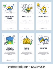 Vector web site linear art onboarding screens template. Travel and summer vacation icons. Menu banners for website and mobile app development. Modern design flat illustration