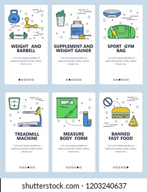Vector web site linear art onboarding screens template. Sport and fitness icons. Menu banners for website and mobile app development. Modern design flat illustration