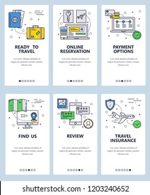 Vector web site linear art onboarding screens template. Travel and online booking concept icons. Menu banners for website and mobile app development. Modern design flat illustration