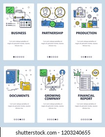 Vector web site linear art onboarding screens template. Business partnership and financial icons. Menu banners for website and mobile app development. Modern design flat illustration