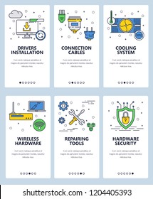 Vector web site linear art onboarding screens template. Computer hardware parts and security. Menu banners for website and mobile app development. Modern design flat illustration