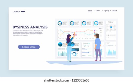 Vector web site linear art design template. Finance charts and diagrams. Modern flat design concept of Data Analysis for website and mobile website. Landing page template. Easy to edit and customize. 