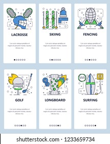 Vector web site linear art onboarding screens template. Professional sport icons, lacrosse, golf, skiing, fencing, longboard and surfing. Menu banners for website and mobile app development.