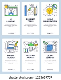 Vector web site linear art onboarding screens template. 3D printing and designer tools. Menu banners for website and mobile app development. Modern design flat illustration