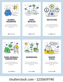 Vector web site linear art onboarding screens template. Global warking, save wild animals, pollution and ecology problems. Menu banners for website and mobile app development.