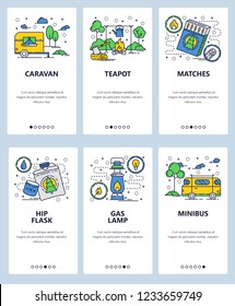Vector web site linear art onboarding screens template. Outdoor camping and travel by camper caravan car. Menu banners for website and mobile app development.