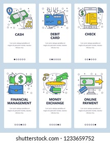 Vector web site linear art onboarding screens template. Business and finance icons. Money transfer and online credit card payments. Menu banners for website and mobile app development.