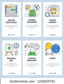 Vector web site linear art onboarding screens template. Online school education, cloud library, art, sport and science research. Menu banners for website and mobile app development.