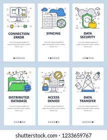 Vector web site linear art onboarding screens template. Data security and files sharing, transfer. Menu banners for website and mobile app development.